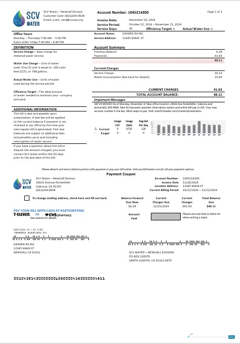 USA California Santa Clarita SCV Water business utility bill template in Word and PDF formats